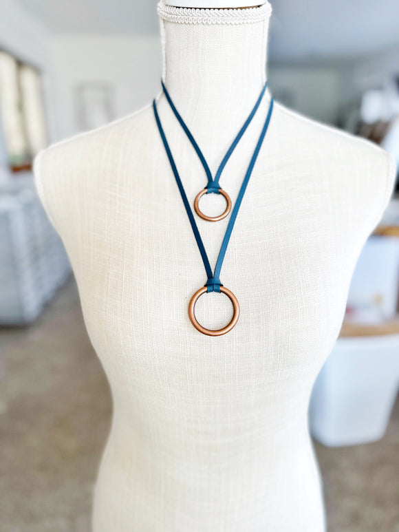 Copper O-Ring on Blue Deerskin Suede Necklace