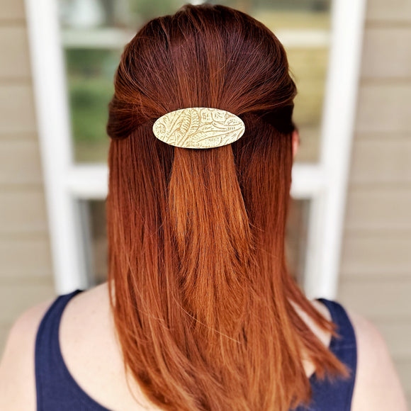 Gold Embossed Brown Leather Floral Hair Barrette - Medium