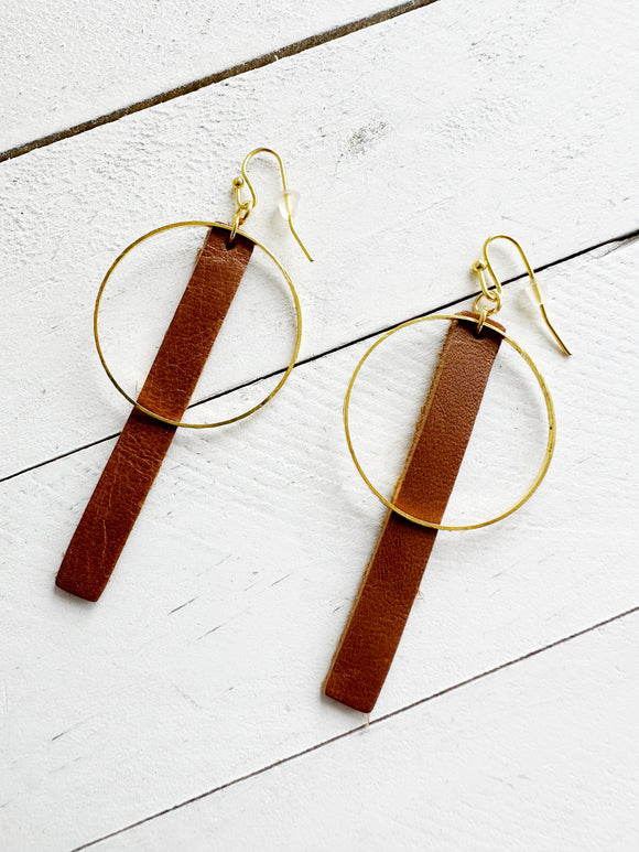 Brown & Gold - Leather Bar + Metal Circle Earrings