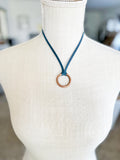 Copper O-Ring on Blue Deerskin Suede Necklace