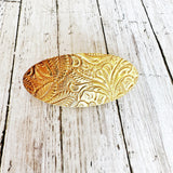 Gold Embossed Brown Leather Floral Hair Barrette - Medium