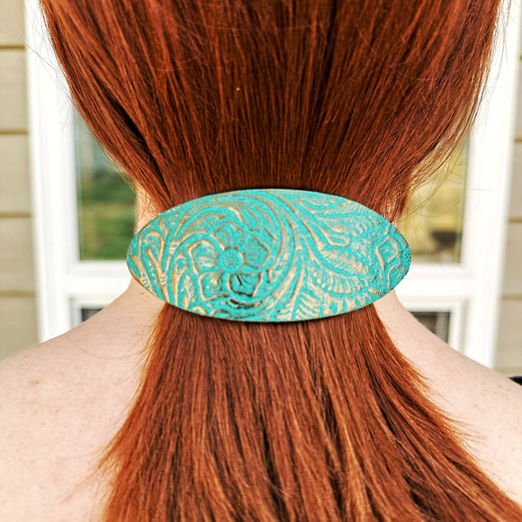 Copper Embossed Teal Green Leather Floral Hair Barrette - Lg