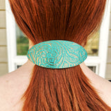 Copper Embossed Teal Green Leather Floral Hair Barrette - Lg