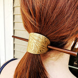 Gold Embossed Brown Leather Floral Hair Clip w/ Stick