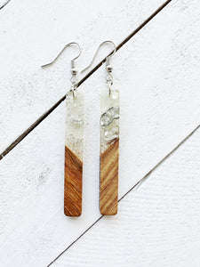 Silver Flecked & Wood Grain Long Bar Earrings