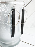 Silver + Black - Leather Bar + Metal Circle Earrings