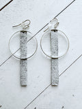 Silver + White - Leather Bar + Metal Circle Earrings