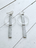 Silver + White - Leather Bar + Metal Circle Earrings