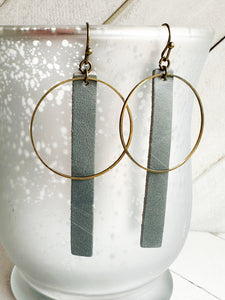 Bronze + Dusty Teal - Leather Bar + Metal Circle Earrings