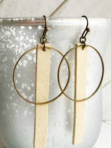 Bronze + Beige - Leather Bar + Metal Circle Earrings