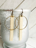 Bronze + Beige - Leather Bar + Metal Circle Earrings