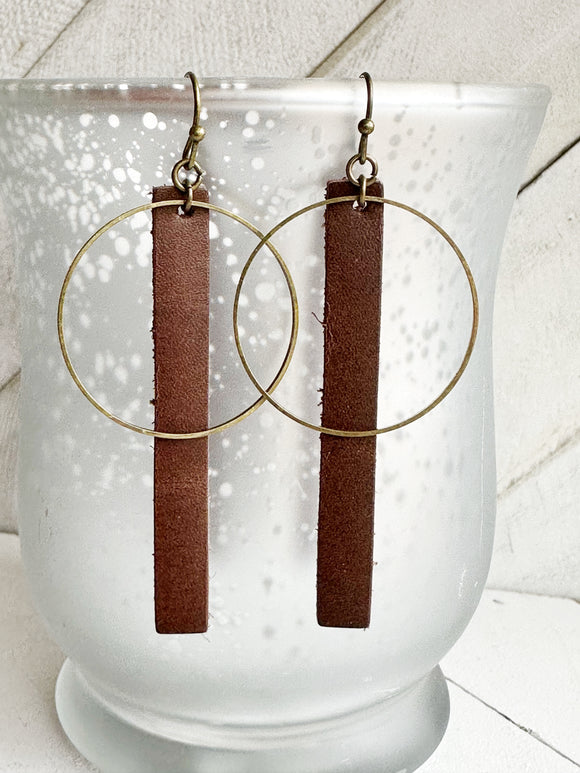 Bronze + Dark Brown - Leather Bar + Metal Circle Earrings