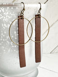 Bronze + Dark Brown - Leather Bar + Metal Circle Earrings