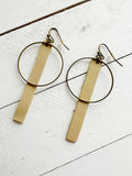 Bronze + Beige - Leather Bar + Metal Circle Earrings