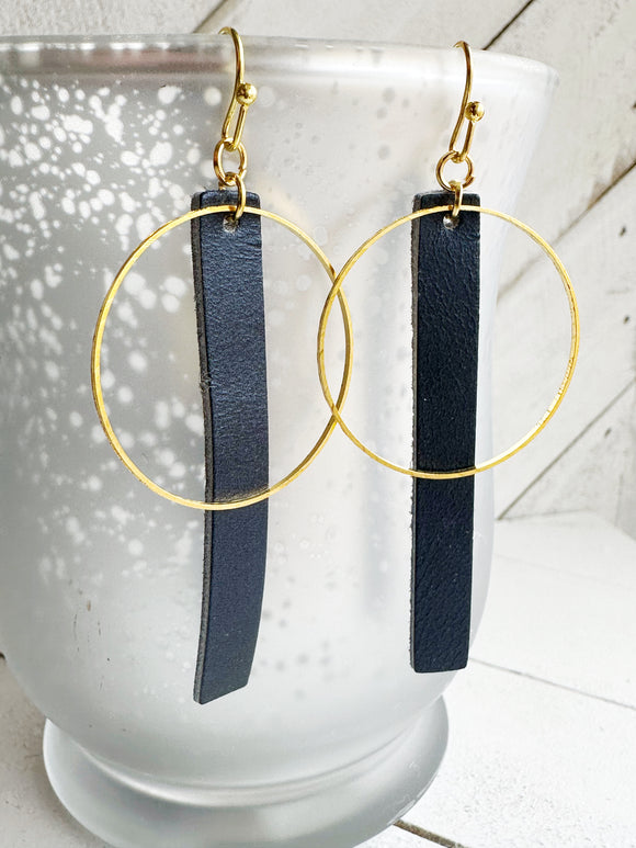 Blue & Gold - Leather Bar + Metal Circle Earrings