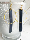 Blue & Gold - Leather Bar + Metal Circle Earrings