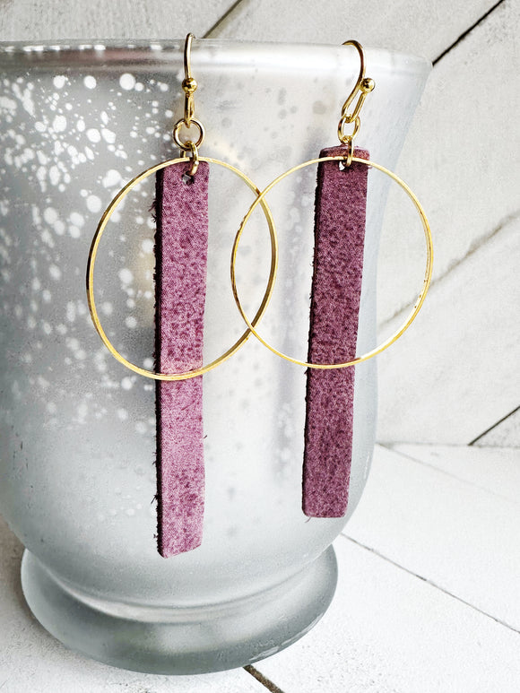 Purple & Gold - Leather Bar + Metal Circle Earrings