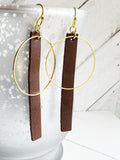 Dark Brown & Gold - Leather Bar + Metal Circle Earrings