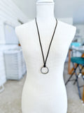 Brushed Silver O-Ring on Black Leather Necklace