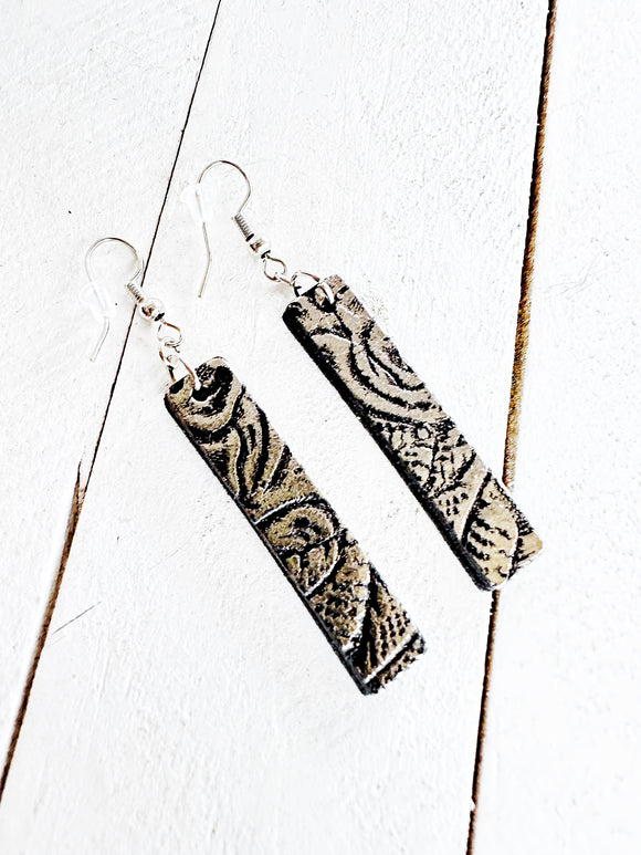 Metallic Silver & Black Leather Bar Earrings