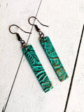 Metallic Copper on Teal Green Leather Bar Earrings