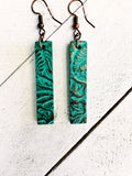 Metallic Copper on Teal Green Leather Bar Earrings