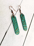 Metallic Copper on Teal Green Leather Rounded Bar Earrings