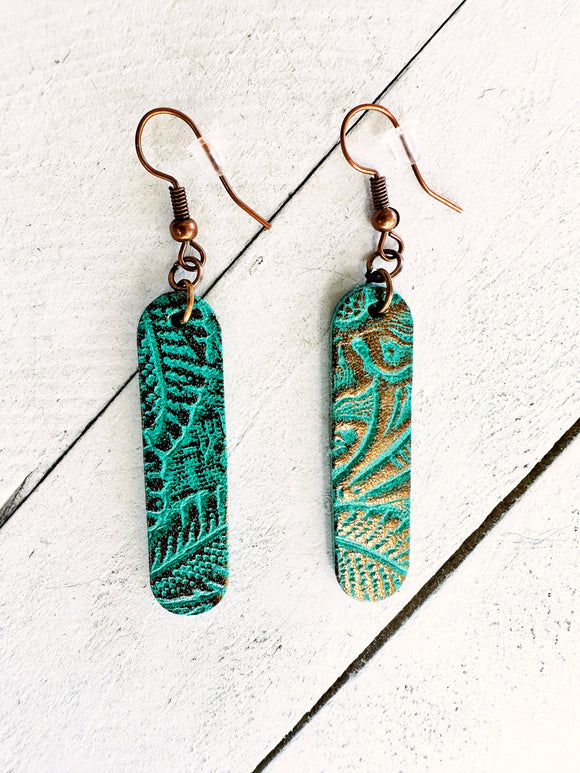 Metallic Copper on Teal Green Leather Rounded Bar Earrings
