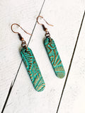 Metallic Copper on Teal Green Leather Rounded Bar Earrings