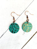 Metallic Copper on Teal Green Leather Sphere Earrings