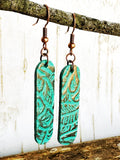 Metallic Copper on Teal Green Leather Rounded Bar Earrings