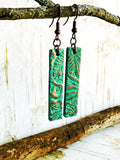 Metallic Copper on Teal Green Leather Bar Earrings