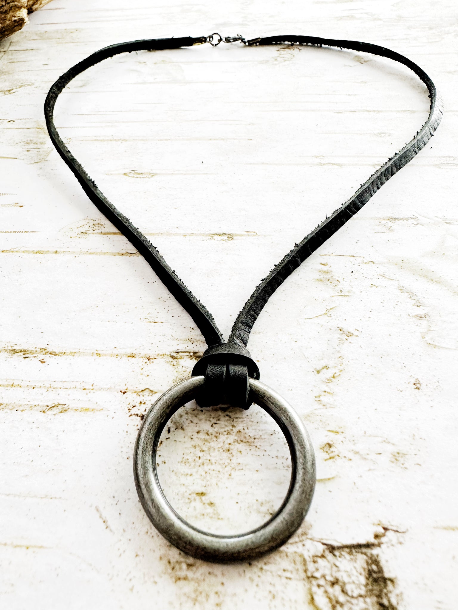 Brushed Silver O-Ring on Black Leather Necklace – Boho By Design