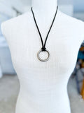 Brushed Silver O-Ring on Black Leather Necklace